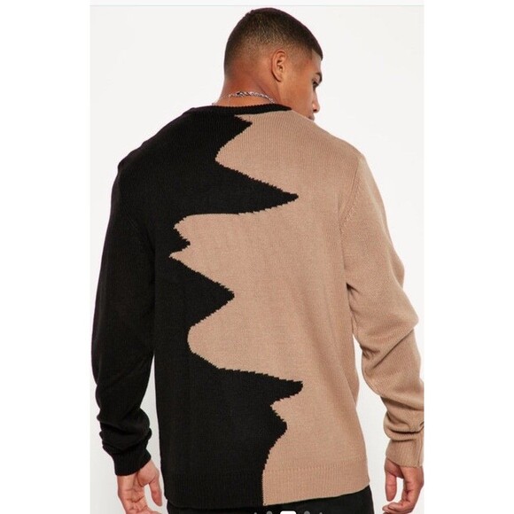 NOVA MEN Abstract Two-tone Men’s Long Sleeve Gold And Black Crew Neck Sweater XL - Picture 3 of 11
